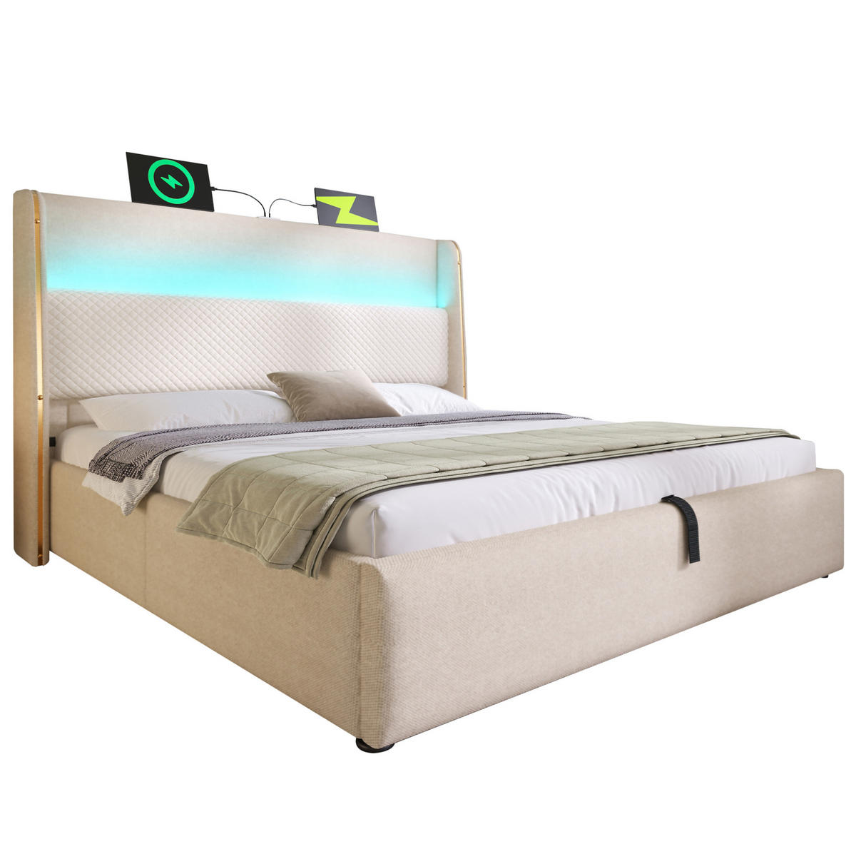 POLSTERBETT mit LED-Beleuchtung 160/200 cm mit Bettkasten und USB/Type-C - Beige, Textil (160/200cm) - BEAOK