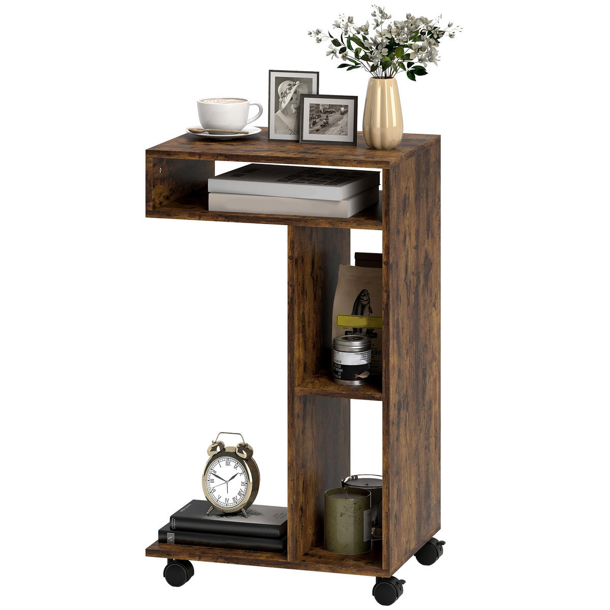 BEISTELLTISCH DE-08772 mit Rollen und 3 Fächern Rustikal-Braun - Braun, Holzwerkstoff (40/30/69cm) - ComfortXL