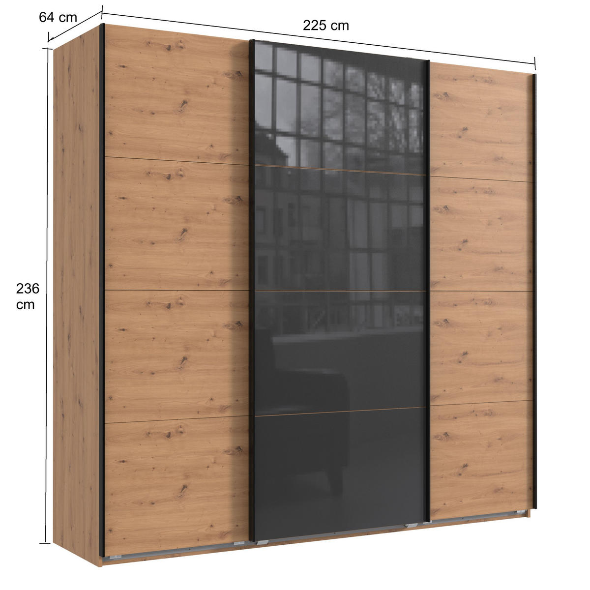 SCHWEBETÜRENSCHRANK 3-türig extrahoch in Eichendekor, eine Tür mit Glasfront Grau, B225/H236/T64 cm / 22545 - Eichefarben/Schwarz, Holzwerkstoff/Metall (225/236/64cm) - luma-home