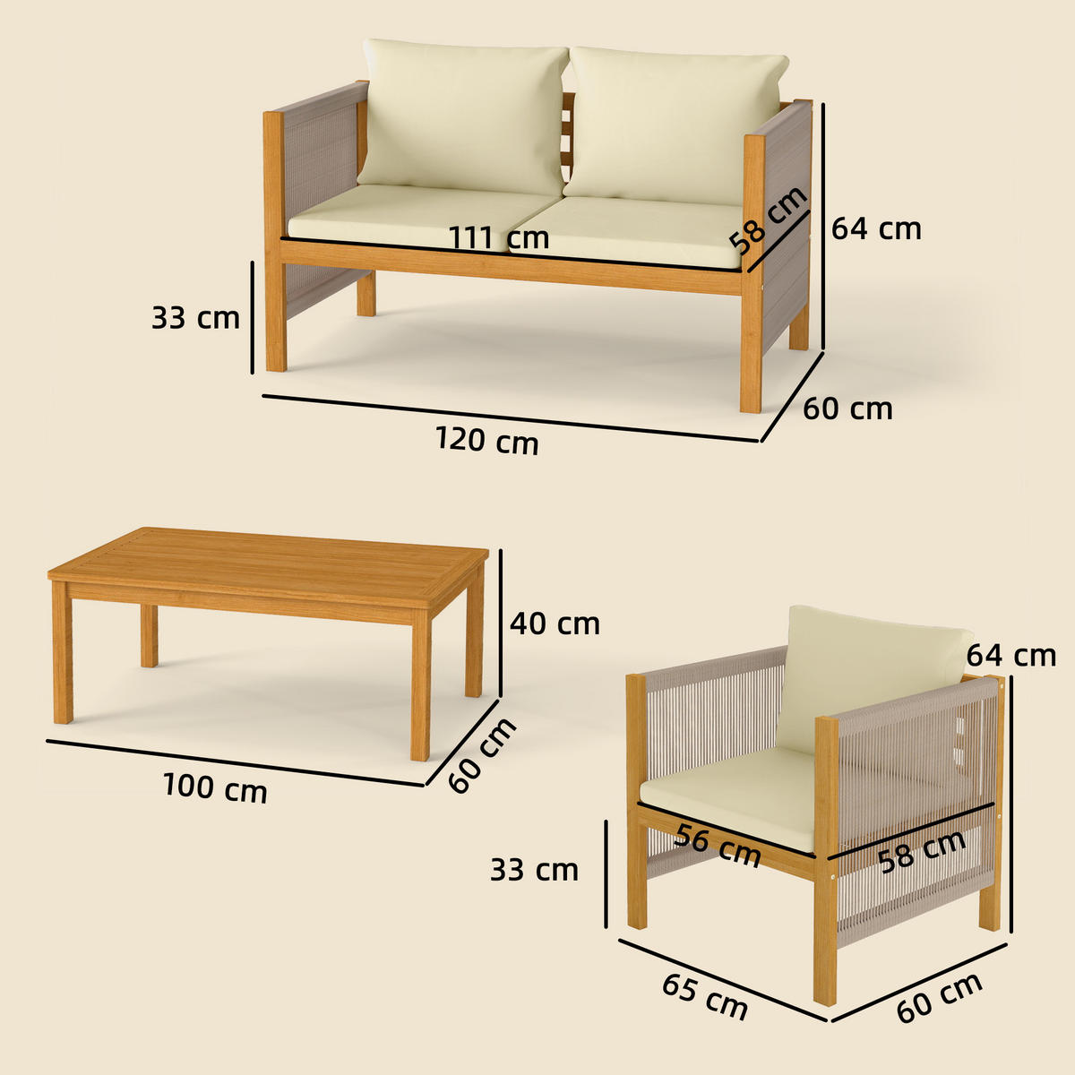 GARTENMÖBEL-SET, 4-teilig Akazienholz, naturholz - Ecru, Holz - Vallsero