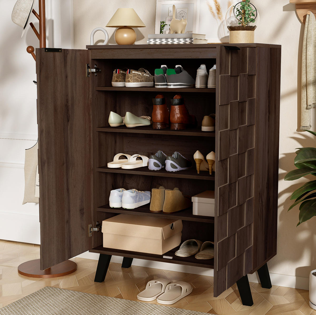 SCHUHSCHRANK 80/35,5/110 cm in dunkler Holzoptik mit 5 Fächern - Naturfarben, Holzwerkstoff (80/110/35.5cm) - Flora Grace