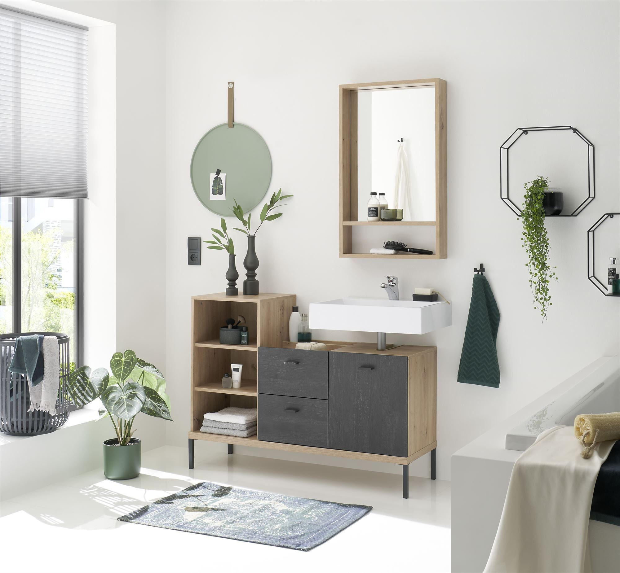 BADMÖBEL-SET Ewa 117x38x190 Asteiche/Flamed Wood Black - Schwarz, Holzwerkstoff (117/190/38cm) - 58aufmkessel