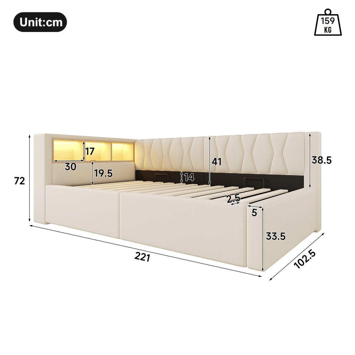TAGESBETT 90x200cm Schlafsofa Hydraulik LED USB Beige - Beige, Naturmaterialien (90/200cm) - FLIEKS