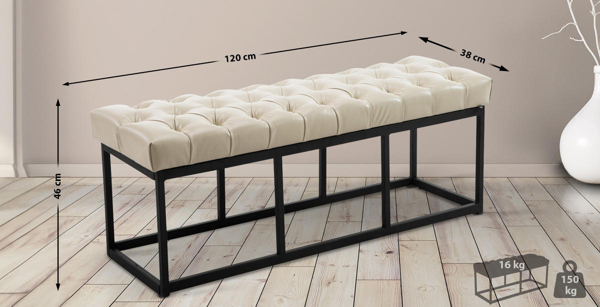 SITZBANK 120/38 cm Kunstleder creme - Creme/Schwarz, Textil/Metall (120/46/38cm) - CLP