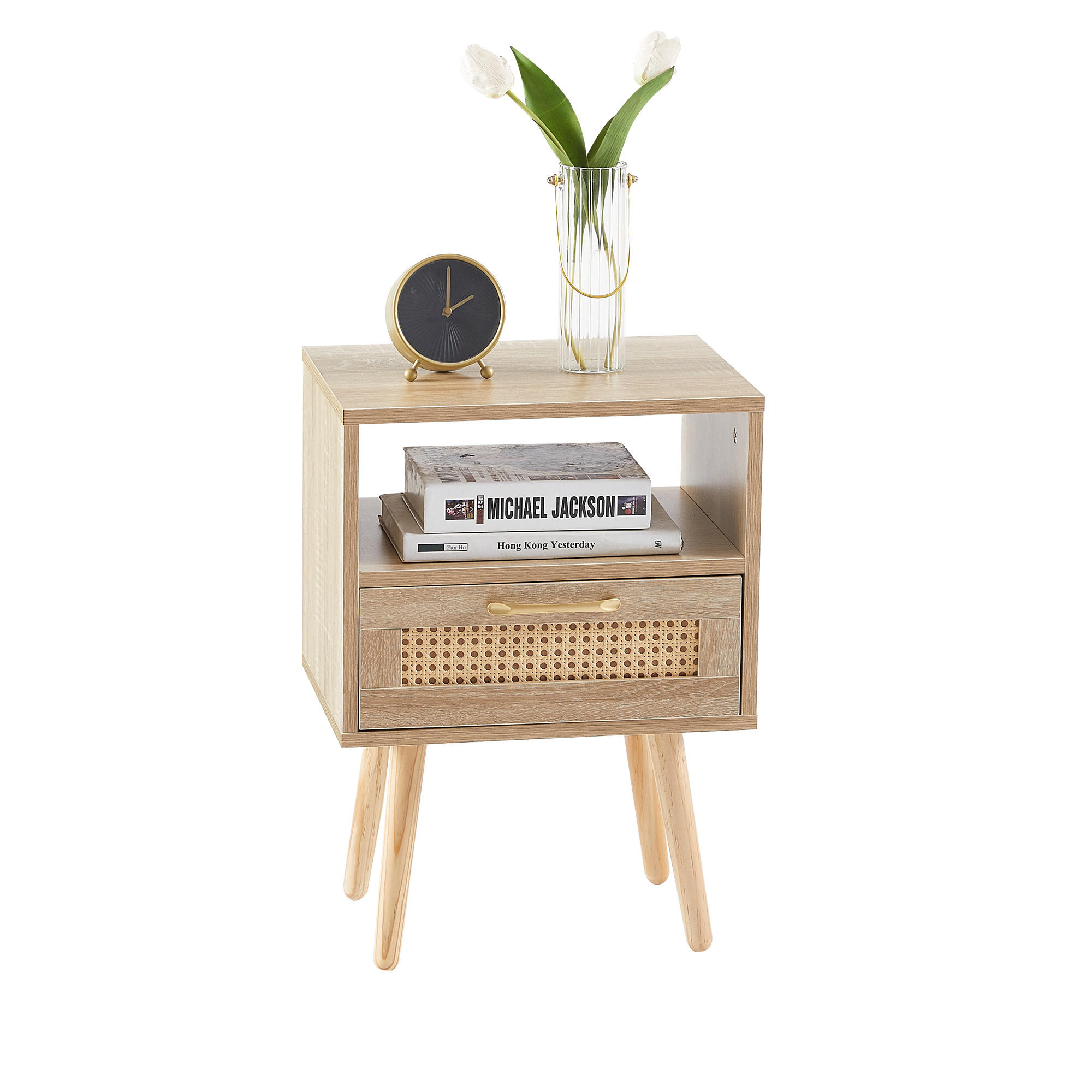 NACHTTISCH 30/40/55 cm natur aus MDF mit Rattanfront und Schublade - Hellbraun, Holzwerkstoff (30/55/40cm) - OKWISH