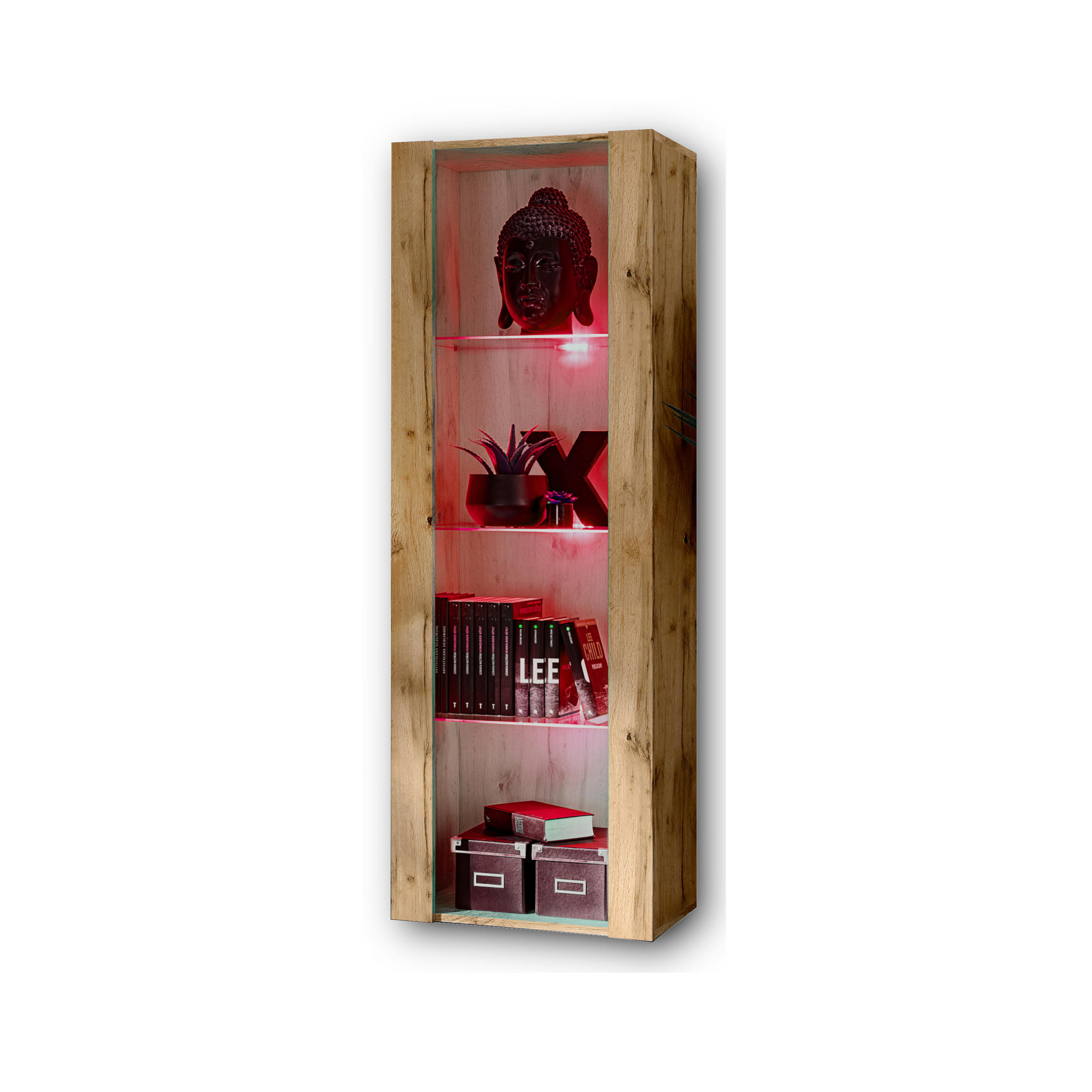 VITRINE TIVOLI, Eiche Wotan + Eiche Wotan, LED Mehrfarbige - Eiche Wotan, Glas/Holzwerkstoff (55/159/35cm) - Komodee