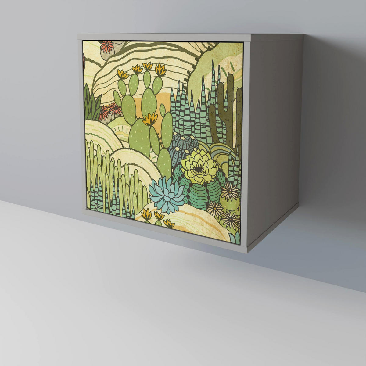 SIDEBOARD SUCCULENTS KALEIDOSCOPE, Grau, 57,5x42x67,5 cm, Schwarze Metall-Rahmenfüße - Multicolor/Schwarz, Holzwerkstoff/Metall (57.5/67.5/42cm) - SpaceRebels