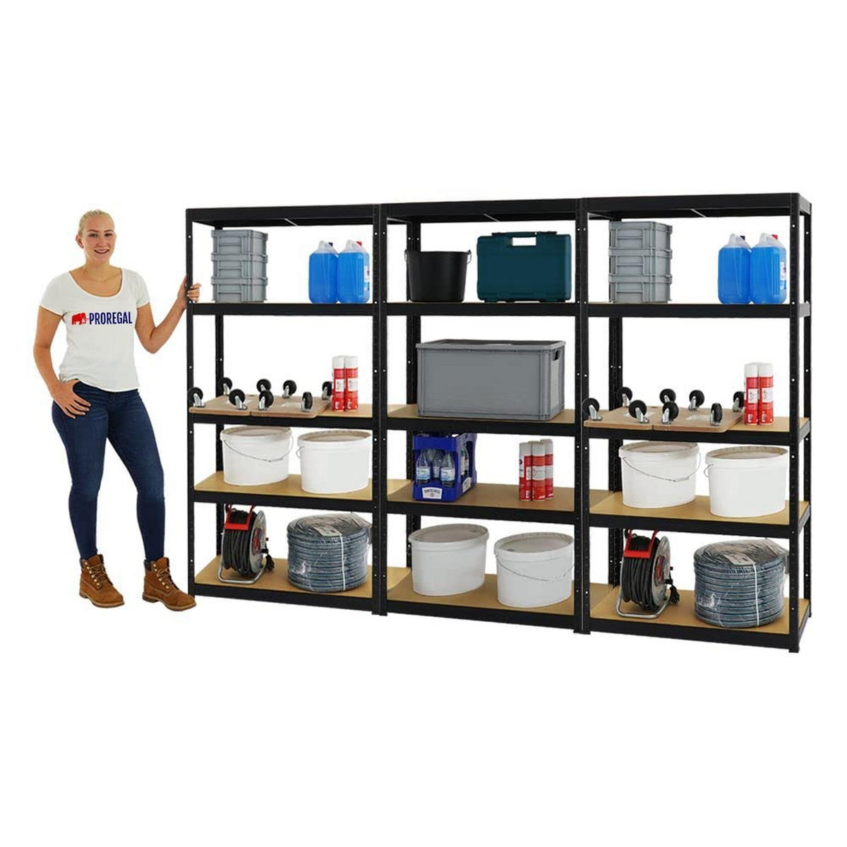 SCHWERLASTREGAL Slim Elephant S 3er-Set mit 3x 180x90x45 cm 5 Ebenen Fachlast 350 kg Schwarz - Schwarz, Metall (270/180/45cm) - PROREGAL