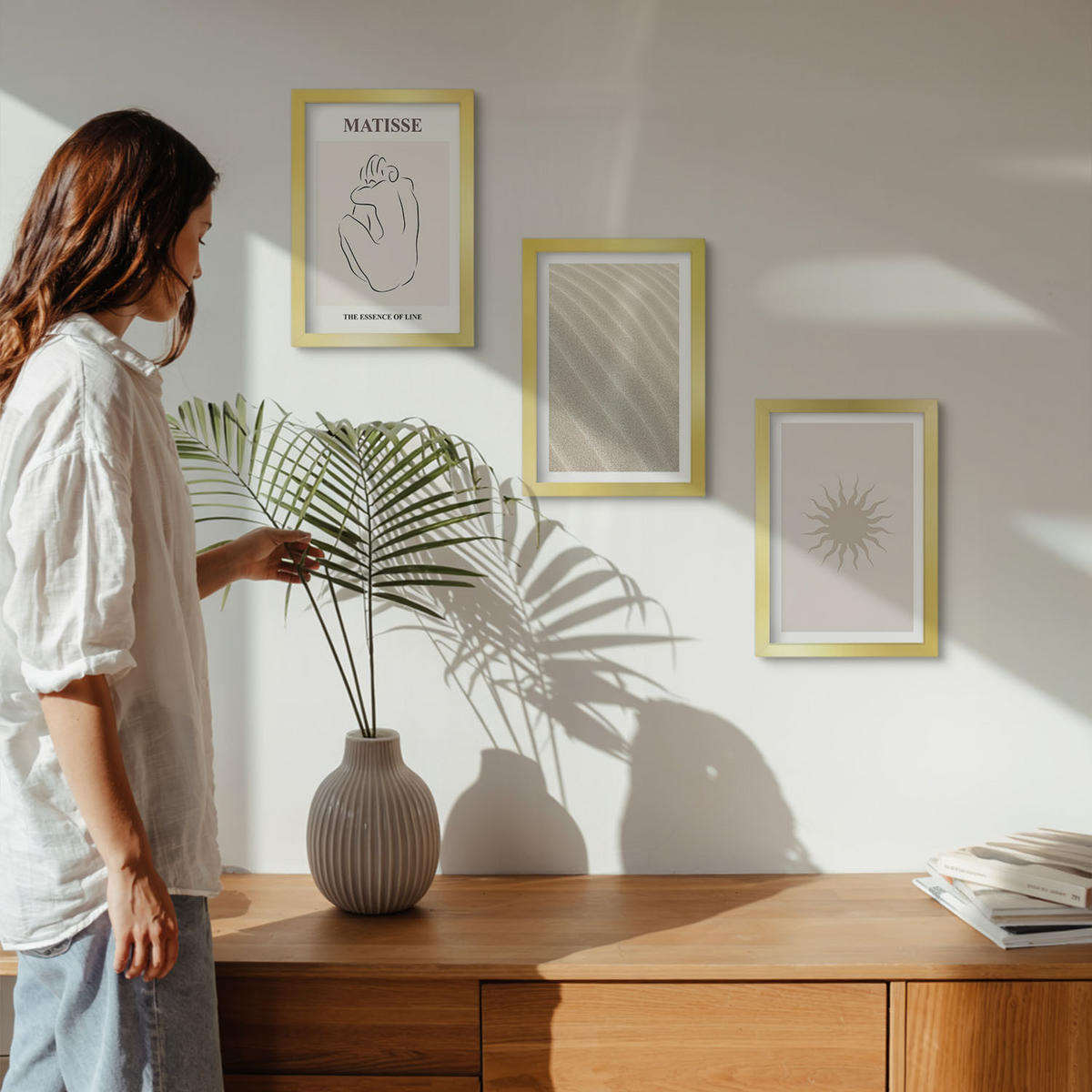 BILDER SET 3er Set - 20x30 cm Goldrahmen - Minimalistische Sandlinien Sonne - Goldfarben, Kunststoff (20/30cm) - TULUP