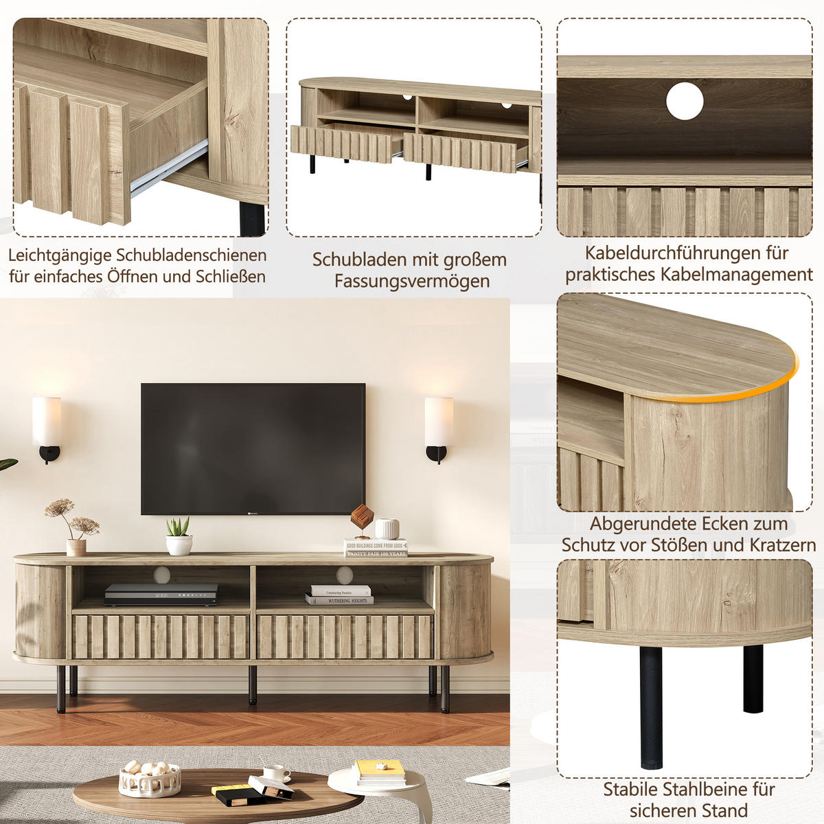 TV-LOWBOARD 160x40x48 cm Naturholz 2 Schränke 2 Schubladen - Naturfarben, Holzwerkstoff (40/48/160cm) - FLIEKS