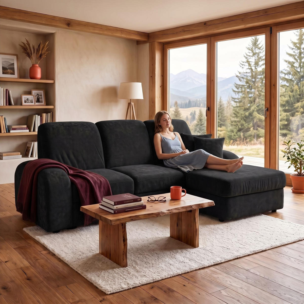 ECKSOFA VIBE S Rechts mit Schlaffunktion 130x202 Chenille Anthrazit - Anthrazit/Schwarz, Holz/Kunststoff (156/255cm) - Muffo