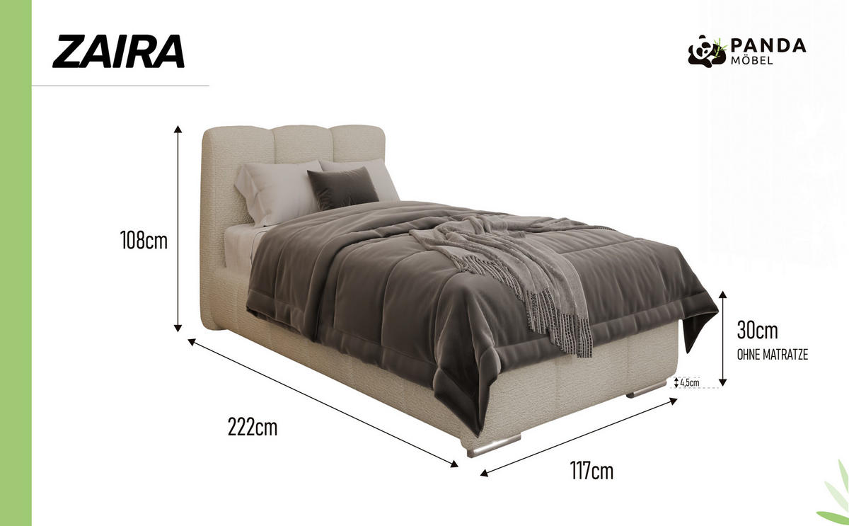 POLSTERBETT ZAIRA 90 x 200 cm mit Bettkasten und Lattenrost, 7-Zonen-Taschenfederkernmatratze CIRA (24 cm) – Hellbeige - Creme, Holz (90/200cm) - Panda Möbel