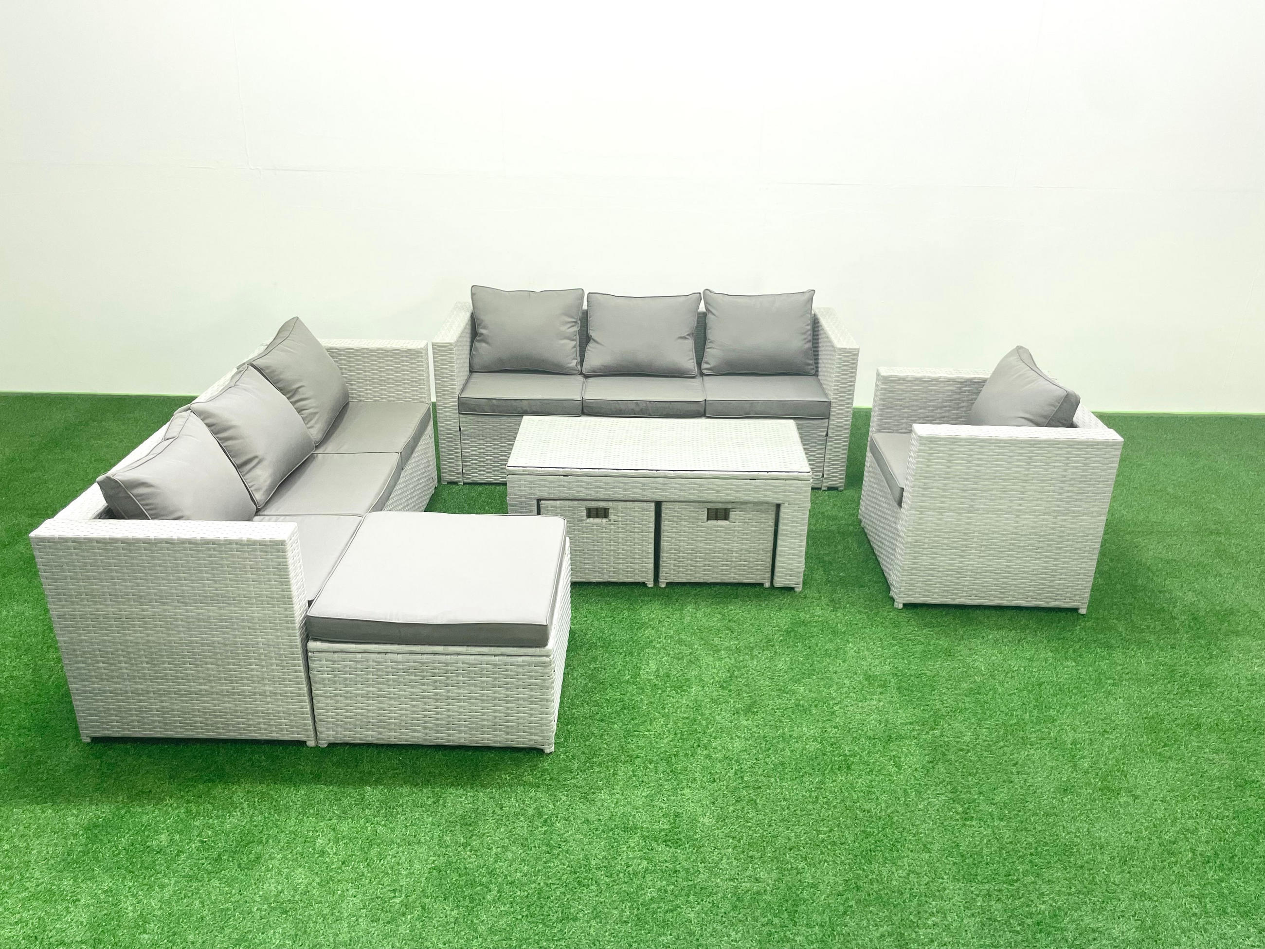 GARTENSOFA hohe Rückenlehne Polyrattan Hellgrau-Mix 10-Sitzer - Hellgrau/Grau, Glas/Kunststoff - Fimous