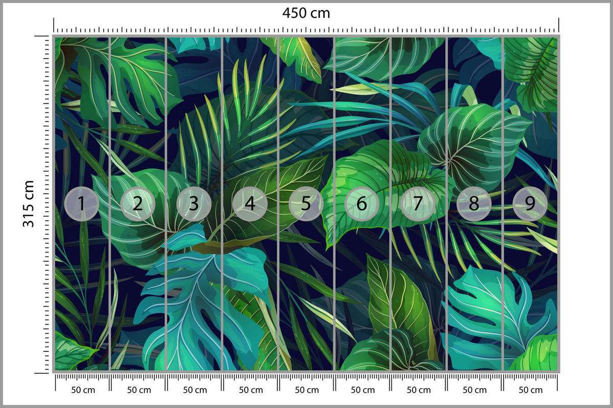 FOTOTAPETE Tropische Blätter Pflanzen Natur 450x315 - Türkis/Grün, Papier (450/315cm) - Muralo