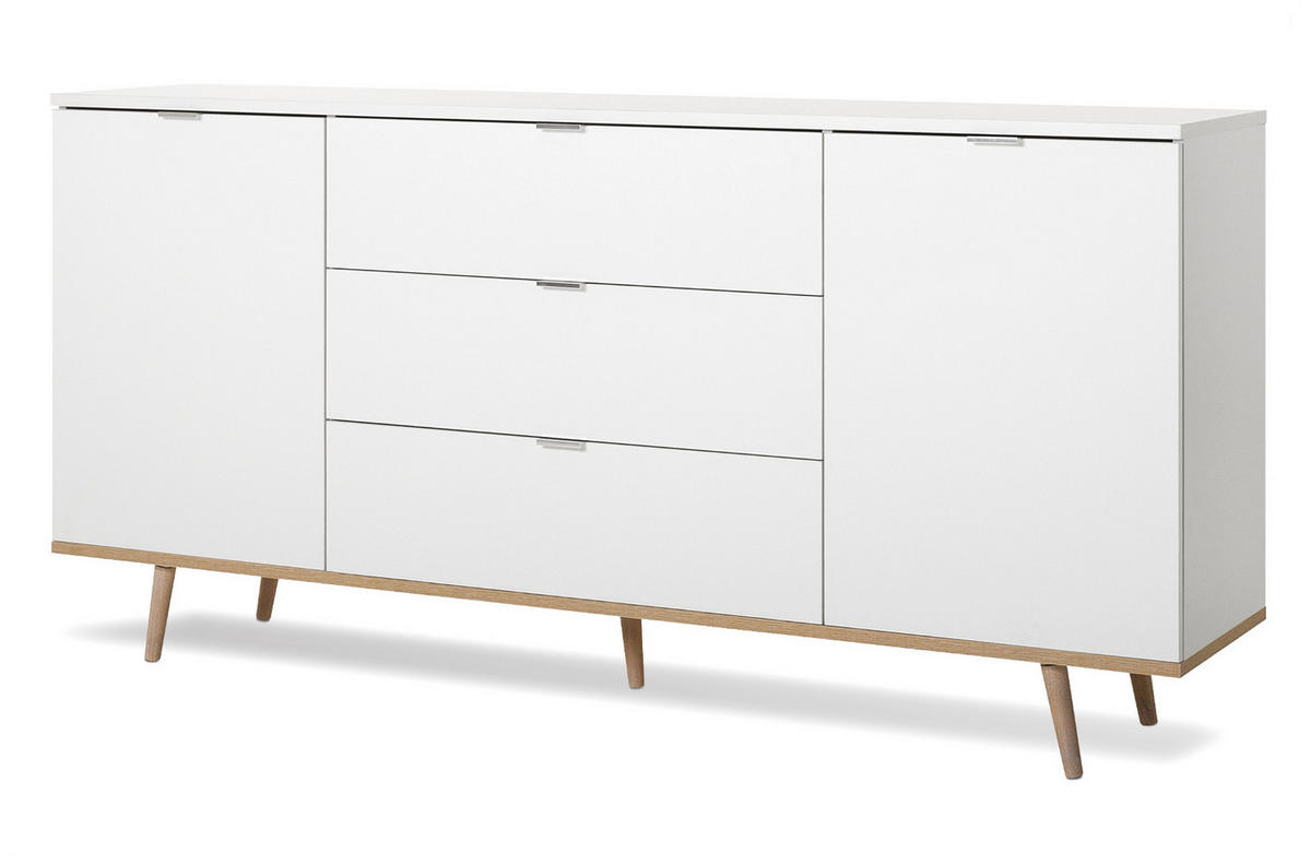 SIDEBOARD weiß matt, Eiche 180 cm skandinavisch, Kommode 2-türig - Chromfarben/Eichefarben, Holz/Holzwerkstoff (180/87/40cm) - Furn.Design