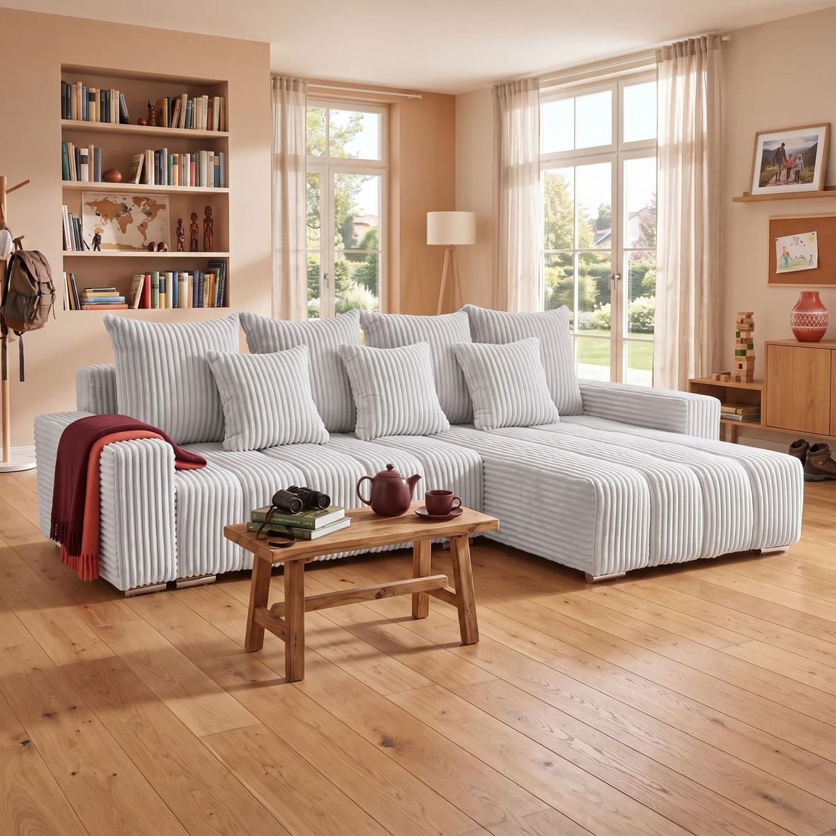 ECKSOFA PIANO L Rechts mit Schlaffunktion 137x234 Cord Hellgrau - Silberfarben/Hellgrau, Holz/Textil (178/278cm) - Muffo