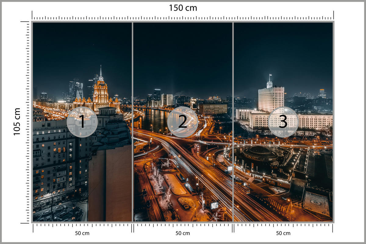 FOTOTAPETE für Wohnzimmer Moskau Nacht Panorama Metropole Straßen 150x105 - Beige/Schwarz, Papier (150/105cm) - Muralo