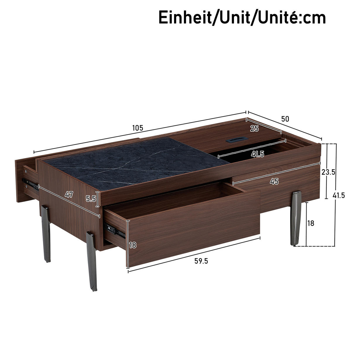 KONFERENČNÍ stolek 105/50/41,5 cm hnědý a tmavě šedý z MDF a skla se zásuvkami - hnědá, kompozitní dřevo (105/50/41.5cm) - OKWISH