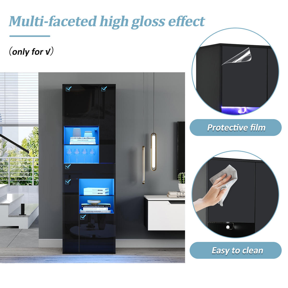 VITRINE LED Hochglanz Glas 1 Schublade 4 Türen Schwarz - Schwarz, Holzwerkstoff (55/170/38cm) - FLIEKS