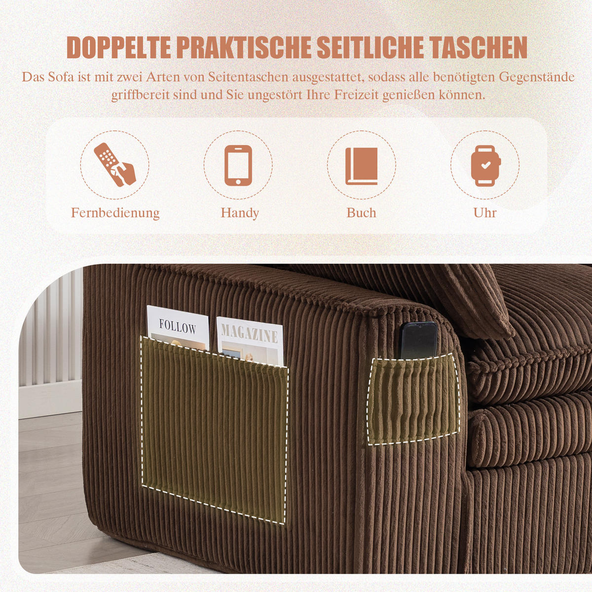 2-SITZER SOFA Cord Braun mit Kissen und Seitentaschen - Braun, Textil (191/85/94cm) - WISHDOR