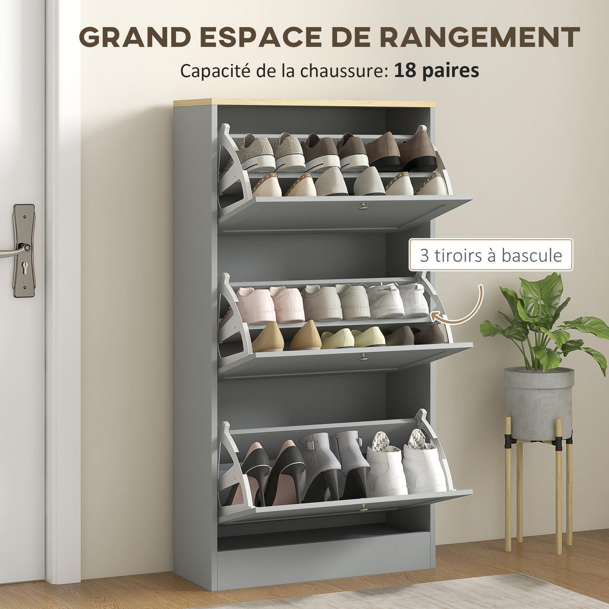 SCHUHSCHRANK Grau Holzwerkstoff mit 3 Klappfächern platzsparend 1 Stück - Grau, Holzwerkstoff (60/115/23.5cm) - PANGIVO