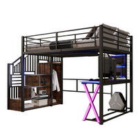 HOCHBETT 140/200 cm aus Metall und MDF mit LED-Beleuchtung, Schreibtisch und Kleiderschrank Schwarz - Schwarz, Metall (140/200cm) - Modenvie