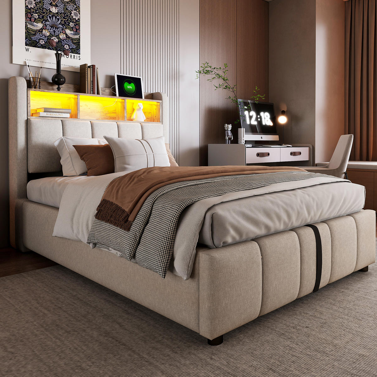 POLSTERBETT 90/200 cm mit Leinenbezug, LED-Beleuchtung, USB- und Type-C-Anschluss, Bettkasten und Kopfteil-Ablagen, Beige - Beige, Textil (90/200cm) - Redom