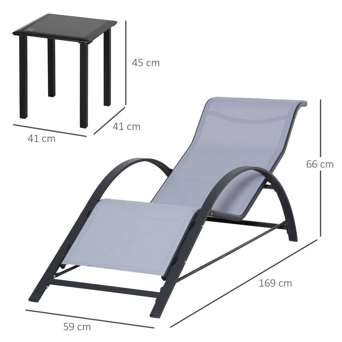 SONNENLIEGE Set 2 Garten-Sonnenliegen ,59 x 169 x 66 cm mit Glas-Couchtisch ,41 x 41 x 45 cm Grau - Hellgrau, Metall (169/66/59cm) - Vallsero