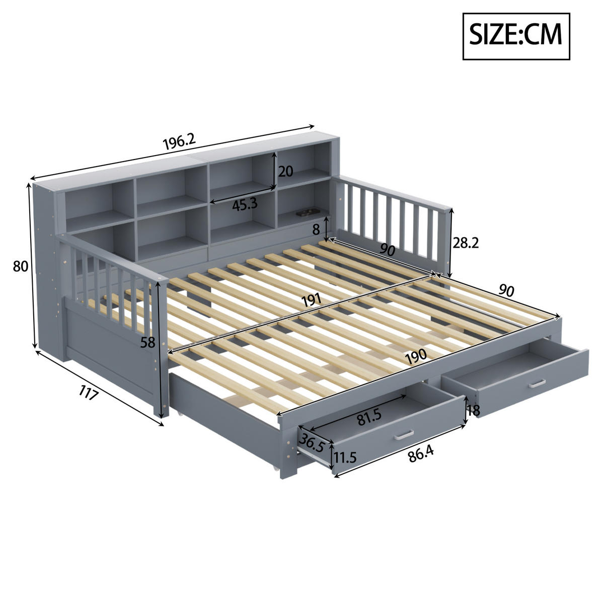 SCHLAFSOFA 90/190 cm ausziehbar auf 180/190 cm mit Stauraum, Steckdose, 2 Schubladen und Lattenrost, Grau - Grau, Holzwerkstoff (117/80/196.2cm) - Redom