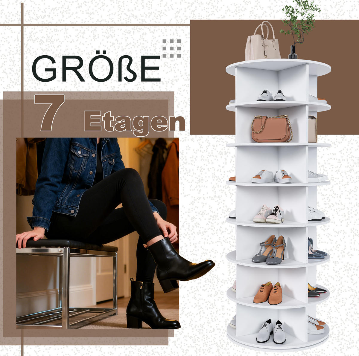SCHUHREGAL 60/60/161 cm in Weiß, drehbar mit 7 Ebenen - Weiß, Kunststoff (60/161/60cm) - Flora Grace