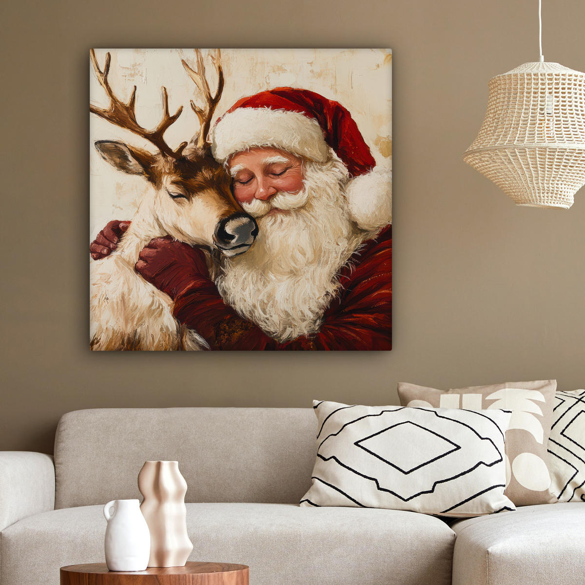 LEINWANDBILD Weihnachtsmann - Rentier - Weihnachten 90x90 cm - Rotbraun, Textil (90/90cm) - MuchoWow