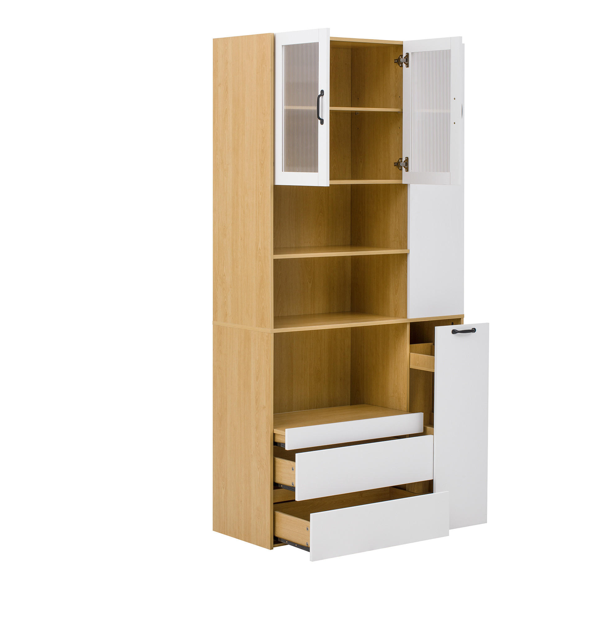 HIGHBOARD 100/40/200 cm in Weiß/Natur mit Riffelglas und Schubladen - Weiß, Holzwerkstoff (100/200/40cm) - Flora Grace