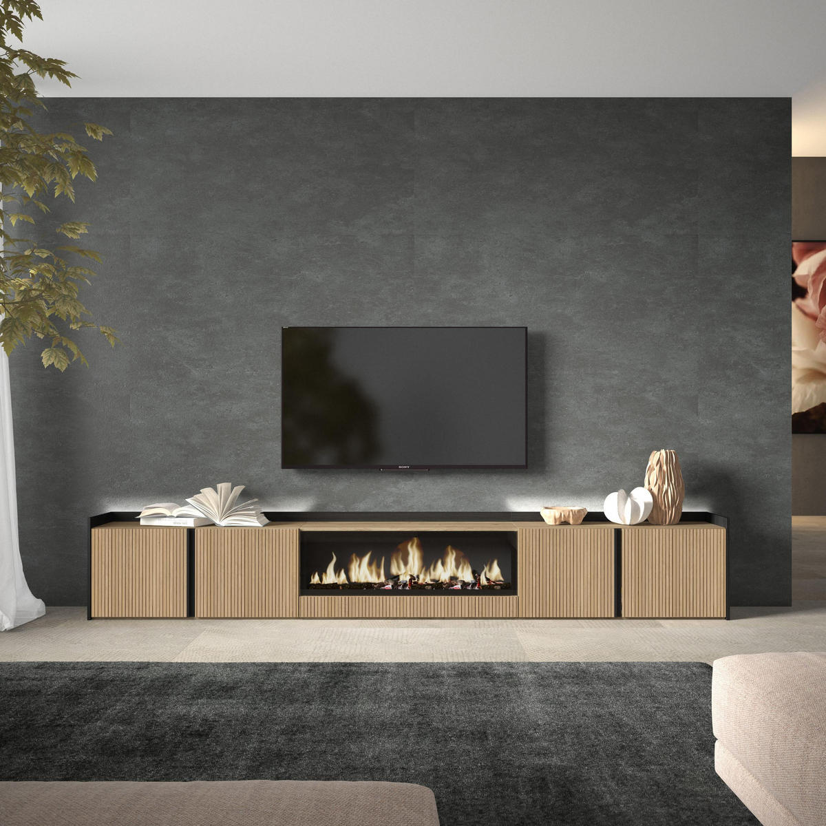 LOWBOARD, Eiche und Schwarz, 315/35/50cm, Elektrokamin XXL, Led - Eichefarben, Holzwerkstoff (315/50/35cm) - Skraut Home