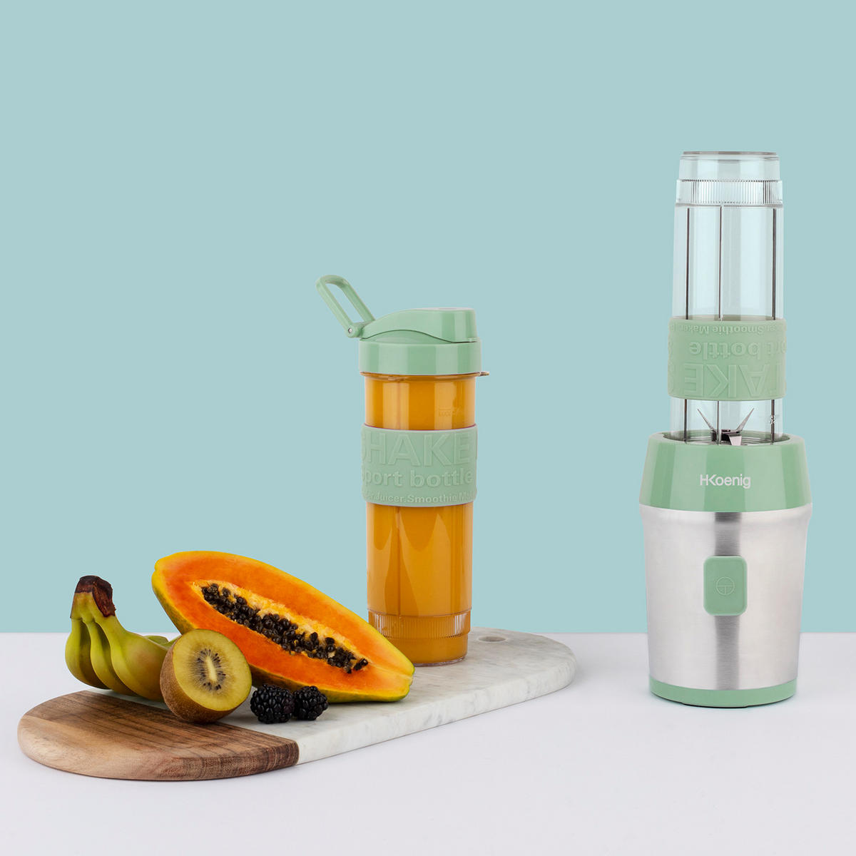 SMOOTHIE Maker SMOO18 Grün, 570ml, BPA-frei, 2 tragbare Flaschen, Edelstahlklingen, 300W - Grün, Metall (11.3/35/15cm) - HKoenig