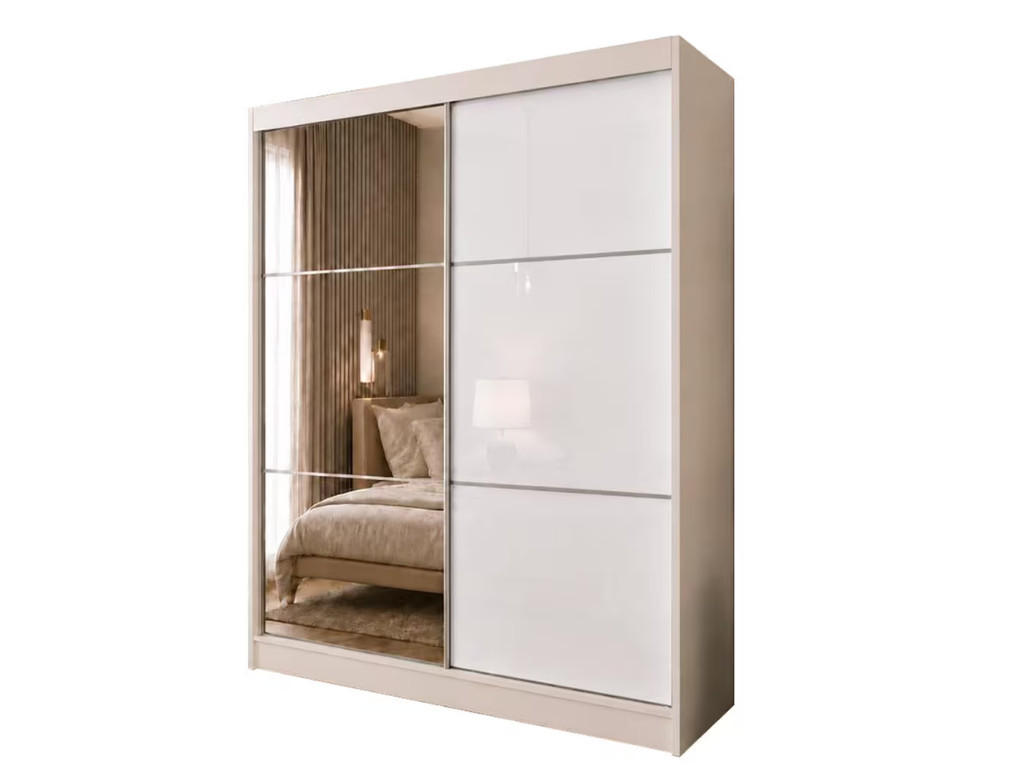 SCHWEBETÜRENSCHRANK Vena 120 cm mit Spiegel 2-türig, kaschmir, lacobel weiß - Kaschmir/Weiß, Holz/Kunststoff (120/216/61cm) - Margaret Hadas24