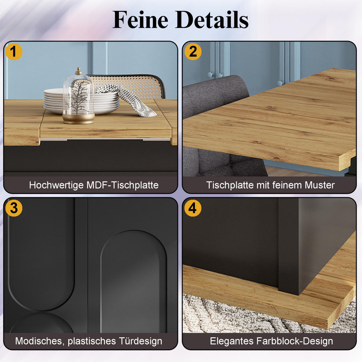 ESSTISCH aus MDF 110-140x80x76 cm Schwarz/Natur ausziehbar mit Stauraum und Soft-Close-Tür - Schwarz, Holzwerkstoff (140/80/76cm) - Modfu