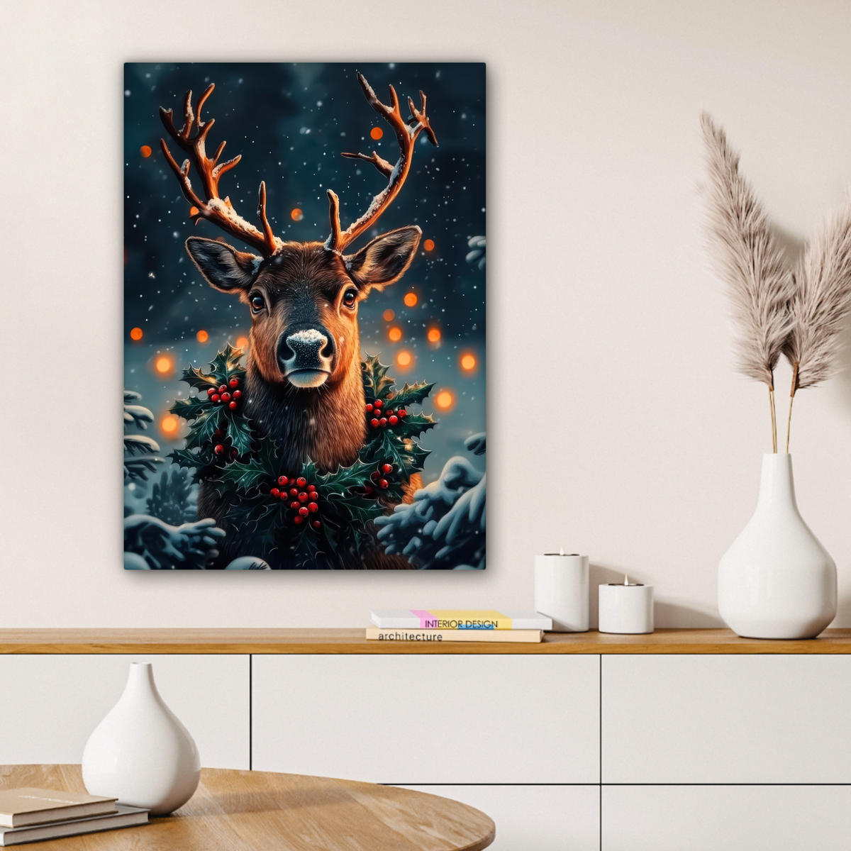 LEINWANDBILD Hirsch - Weihnachten - Winter - Schnee - Weihnachtskranz 60x80 cm - Dunkelbraun, Textil (60/80cm) - MuchoWow