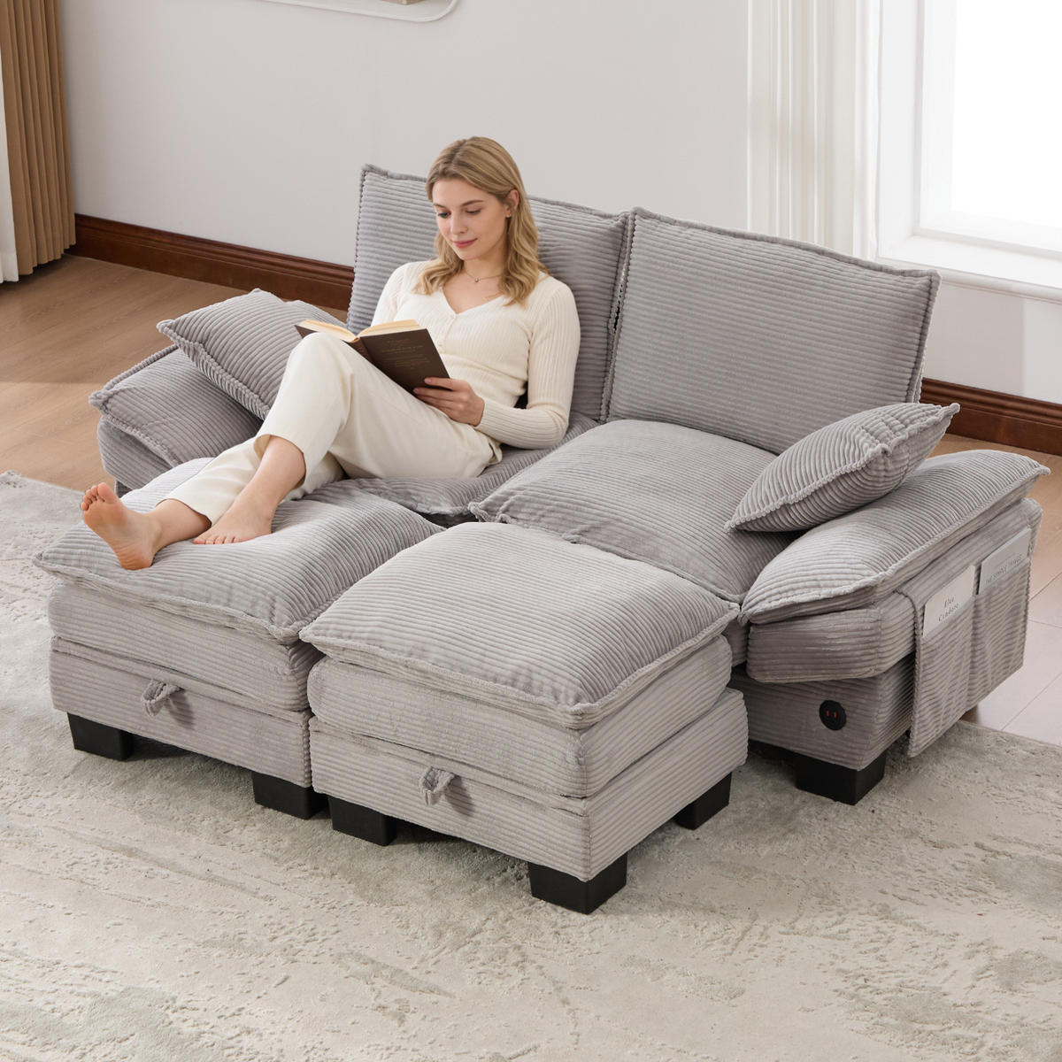 SOFA modular 2-Sitzer mit 2 Hockern Corduroy Light Gray - Hellgrau, Holzwerkstoff (132/84/190cm) - Meubliv