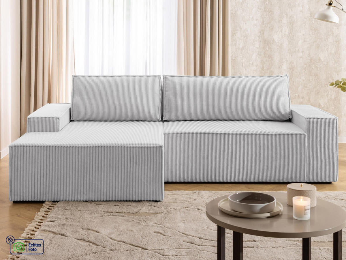 ECKSOFA Rivio mit Schlaffunktion und Bettkasten, Cordstoff Hellgrau - Hellgrau/Schwarz, Holz/Kunststoff (149/262cm) - S-Style