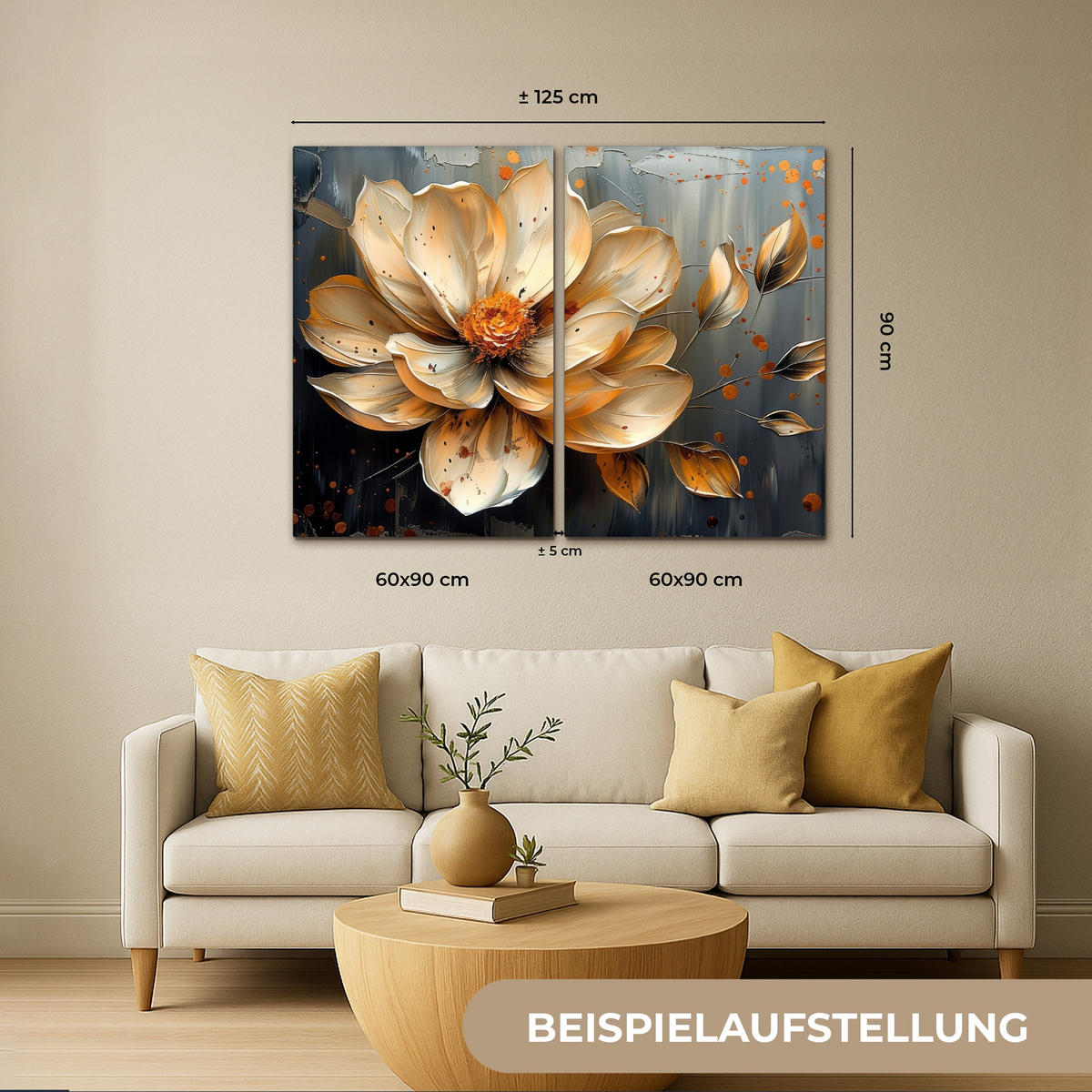 OBRAZ NA PLÁTNĚ 2dílná sada Květina - Zlato - Abstraktní - Malba 160x120 cm - krémová, textil (160/120cm) - MuchoWow
