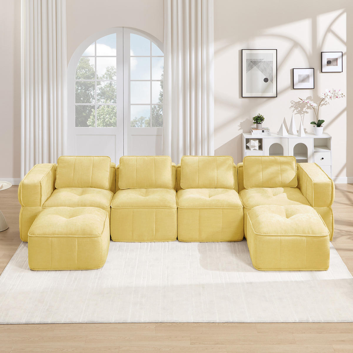 WOHNLANDSCHAFT DE-34428 4-Sitzer U-Form mit 2 Hockern Gelb - Gelb, Textil (162/67/344cm) - ComfortXL