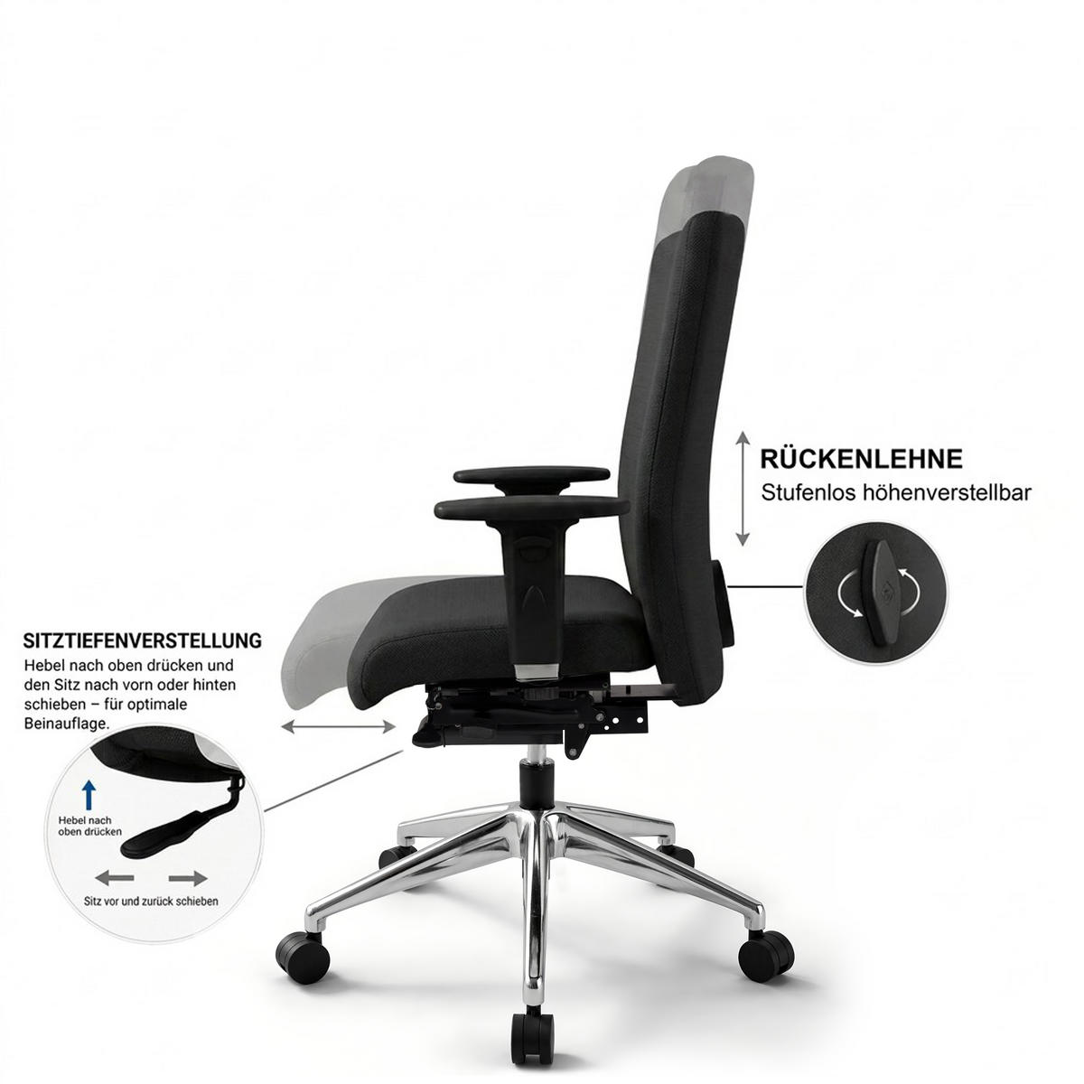 BÜROSTUHL Terox Stoff Schwarz - ergonomisch, 150 kg belastbar, Sitzhöhe 54-66cm - Schwarz, Kunststoff/Textil (65/106/60cm) - Versee