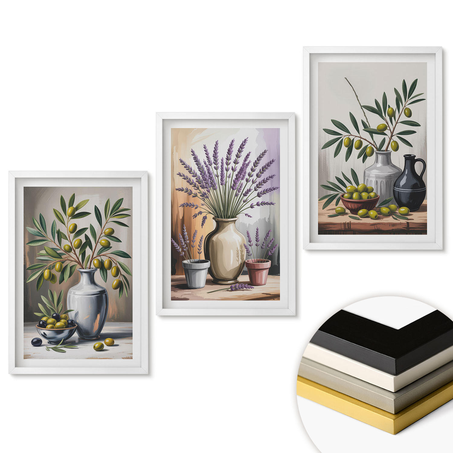 WANDBILDER 3er-Set - 40x60 cm Weißer Rahmen - Olivenblüten in Vasen im Hintergrund - Weiß, Kunststoff (40/60cm) - ArtPrintCave