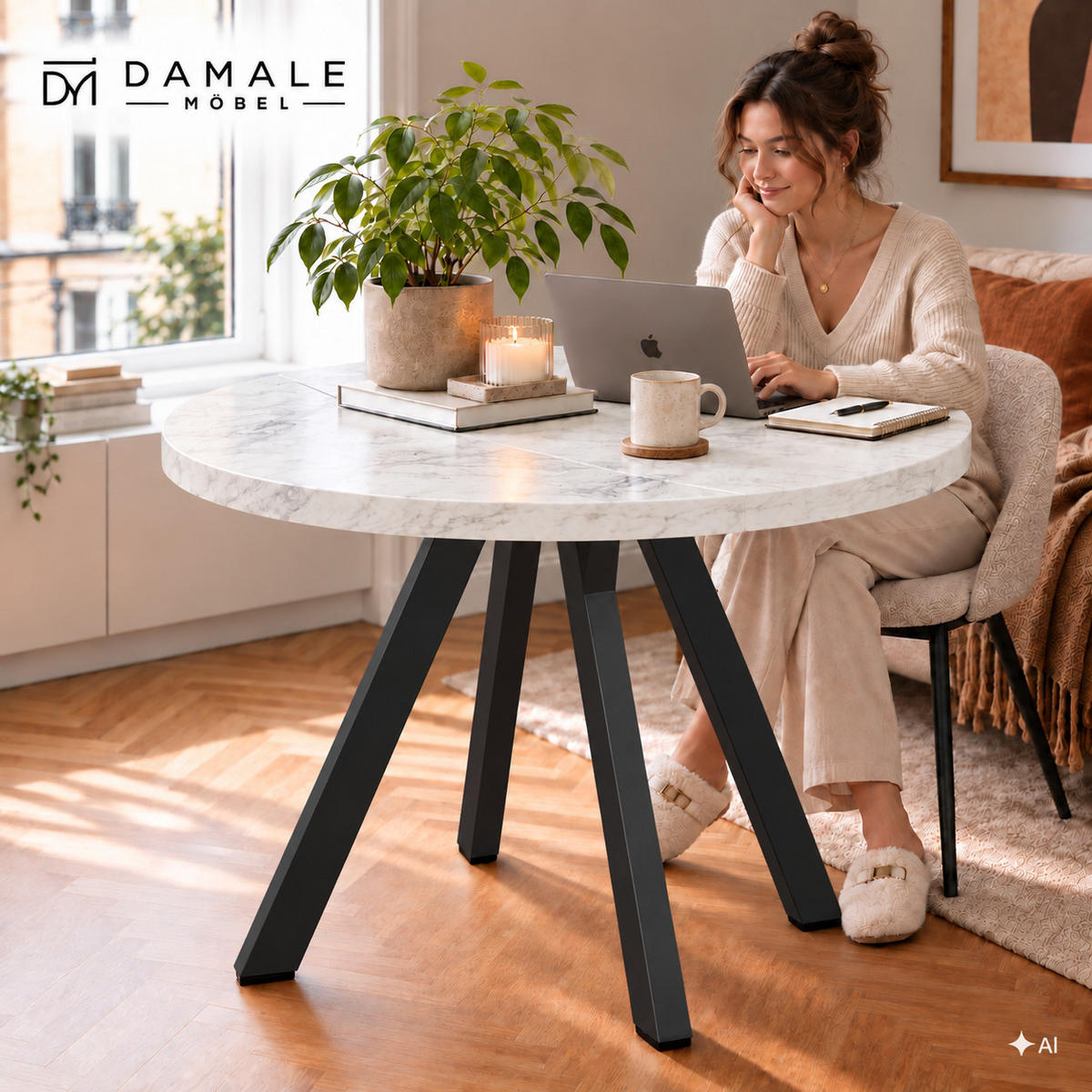 ESSTISCH rund ausziehbar 90/190/76 cm, Marmor, 54 cm Tischplatte + Y Metallgestell Schwarz - Hellgrau/Schwarz, Holzwerkstoff/Metall (90/190/76cm) - Damale Möbel