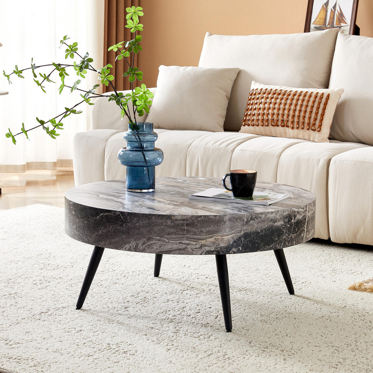 COUCHTISCH 70 cm aus Grau/Schwarz aus MDF und Metall mit verstellbaren Füßen - Schwarz, Holzwerkstoff (70/70/35.5cm) - OKMYHOME