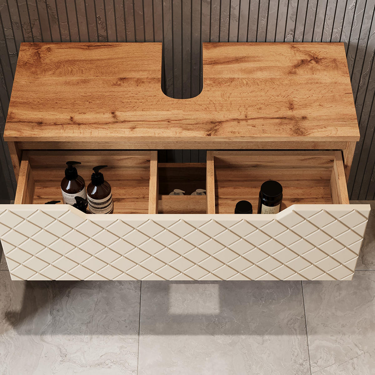 BADMÖBEL-SET Lotta Eiche/Kaschmir mit Kachelstruktur 5 Teile - Kaschmir, Holzwerkstoff (79.6/62.1/32cm) - Vicco