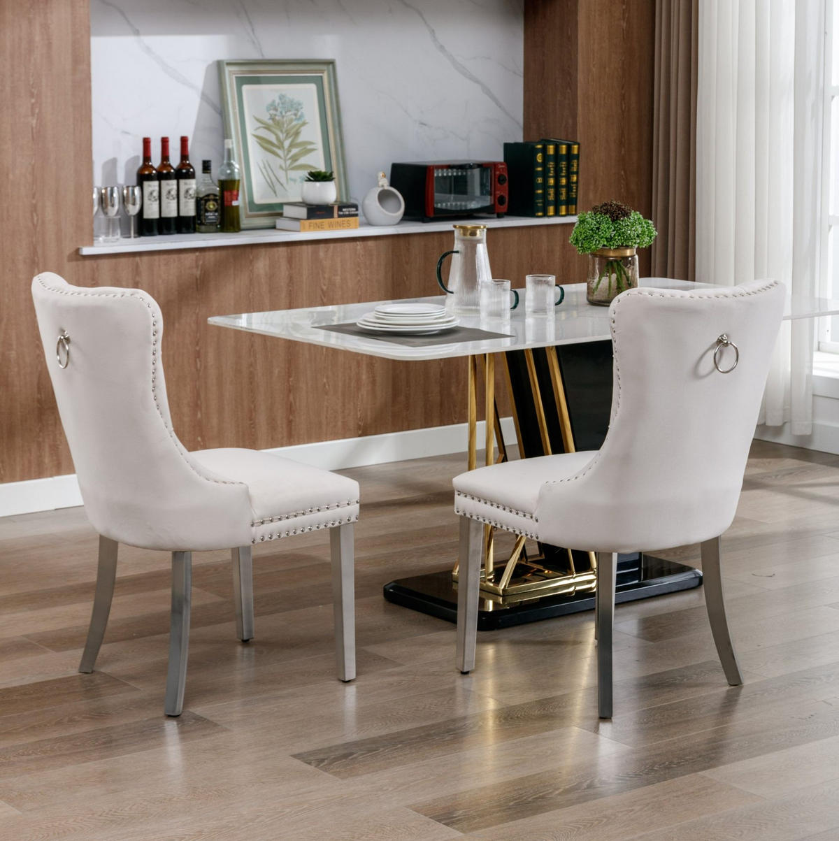 ESSZIMMERSTUHL 2er-Set hohe Rückenlehne Samt Beige - Beige, Metall (50/95/65cm) - Meubliv