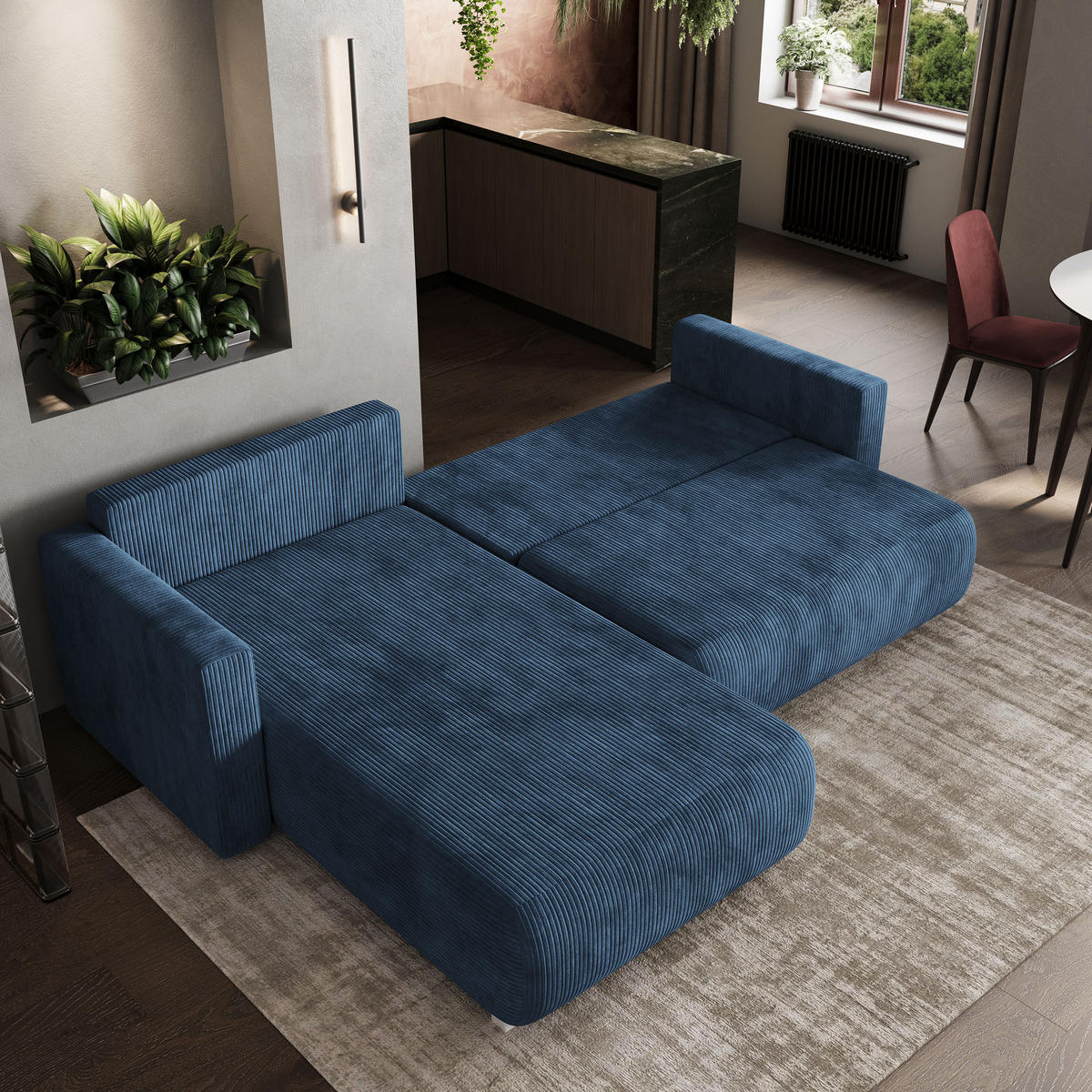 ECKSOFA TURIN P Blau Kordstoff mit Schlaffunktion - Blau, Holz (265/183cm) - MASSENO