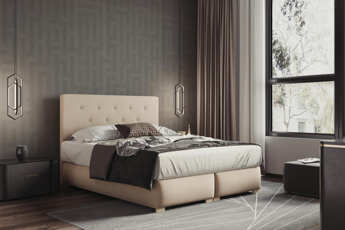 BOXBETT LUPIN, 160 x 200 cm, Double Bed für Schlafzimmer, Elegant Matratze und Bettkasten, Beige - Beige, Holz/Textil (160/200cm) - Trada
