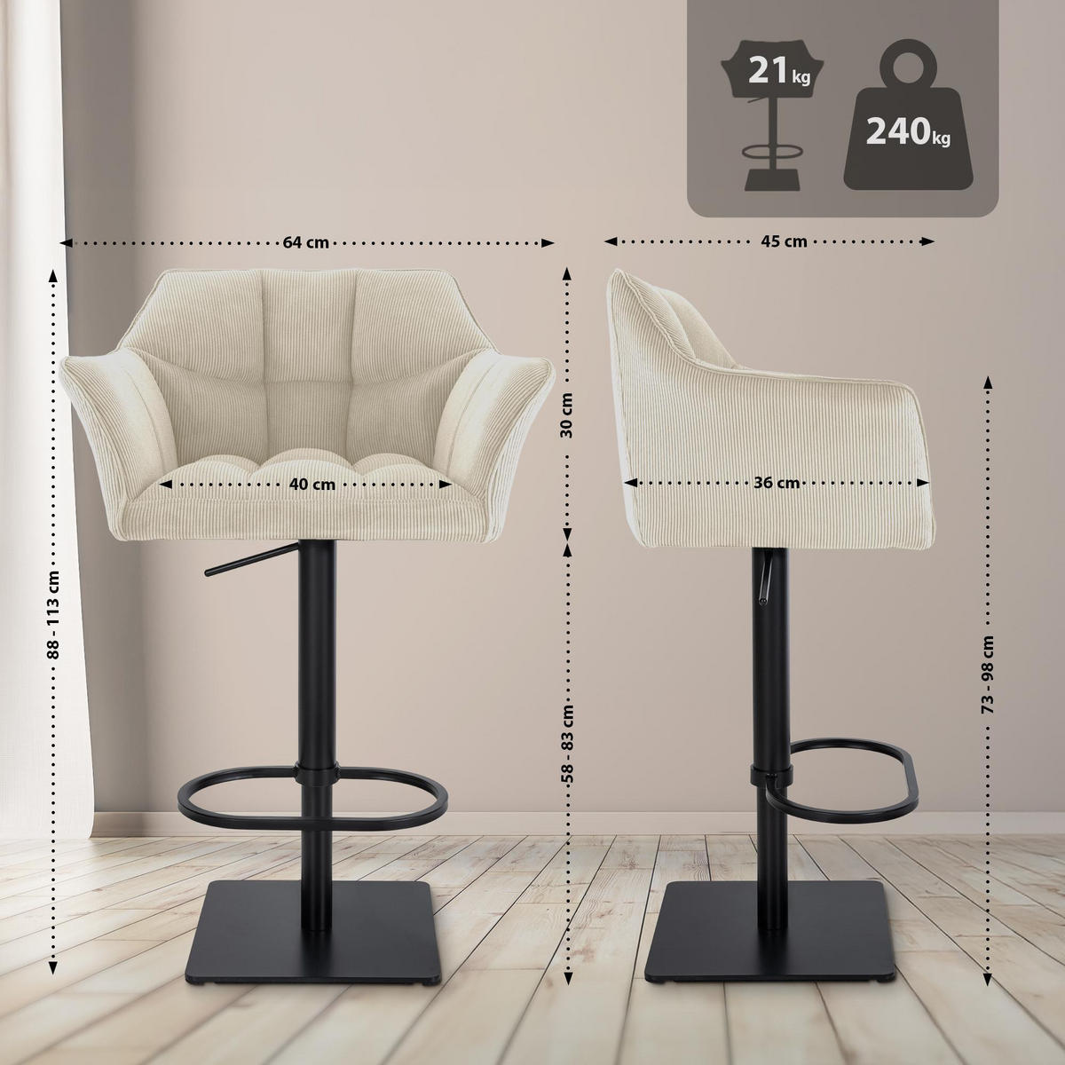 BARHOCKER Cord Creme - Creme/Schwarz, Textil/Metall (64/88/45cm) - CLP